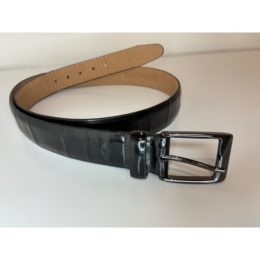 Dockers Mens Black Genuine Leather Belt 38 Gunmetal Buckle 11DP0157